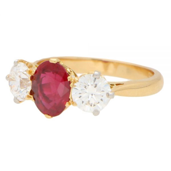 Ruby and Diamond Three-Stone Ring in Yellow Gold