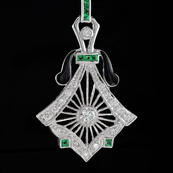 Art Deco Style Diamond Drop Earrings with Emeralds and Black Enamel