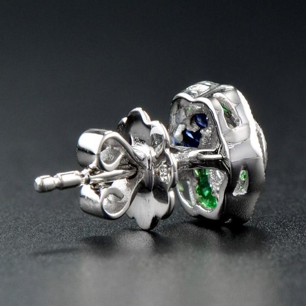 Diamond Emerald and Sapphire Floral Rose Cluster Stud Earrings