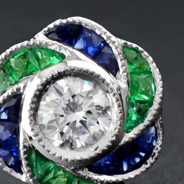 Diamond Emerald and Sapphire Floral Rose Cluster Stud Earrings