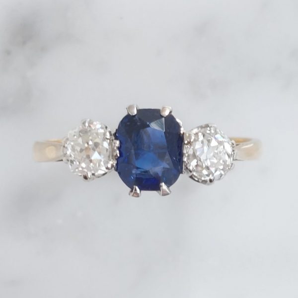 Edwardian Antique 1.16ct Sapphire and Diamond Three Stone Ring