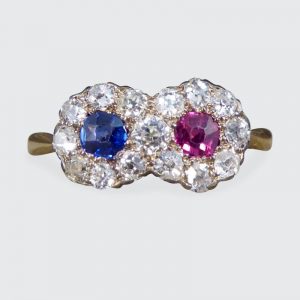 Edwardian Double Sapphire and Ruby Diamond Daisy Cluster Ring