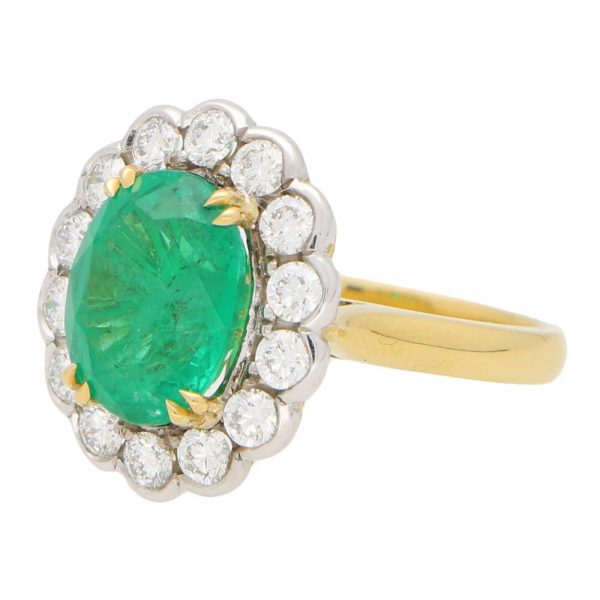 3.96ct Oval Cut Emerald and Diamond Cluster Ring