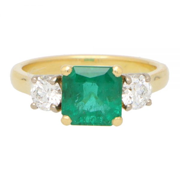 GIA Certified Emerald and Diamond Three Stone Ring