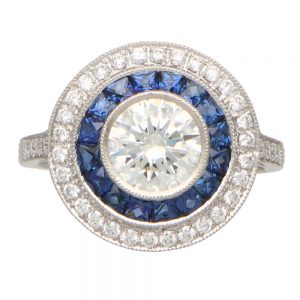 GIA Certified Art Deco Style Sapphire and Diamond Target Ring