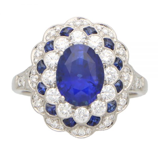 Royal Blue Sapphire and Diamond Floral Cluster Ring