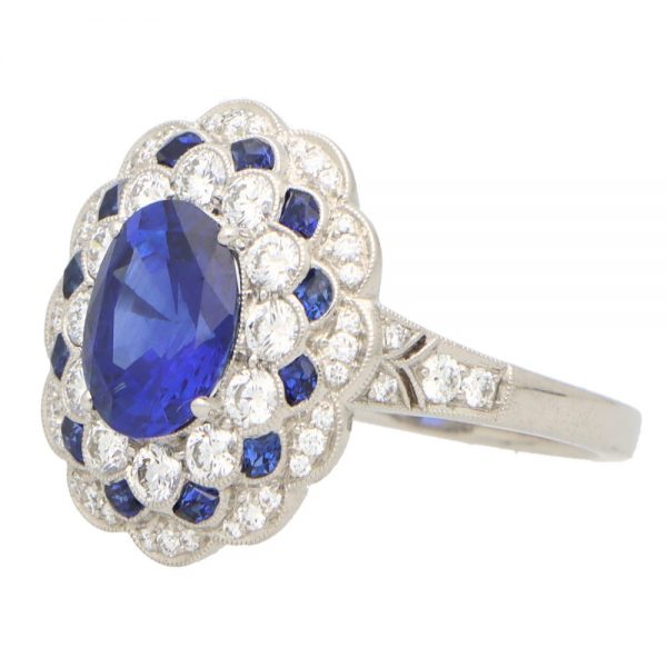 Royal Blue Sapphire and Diamond Floral Cluster Ring