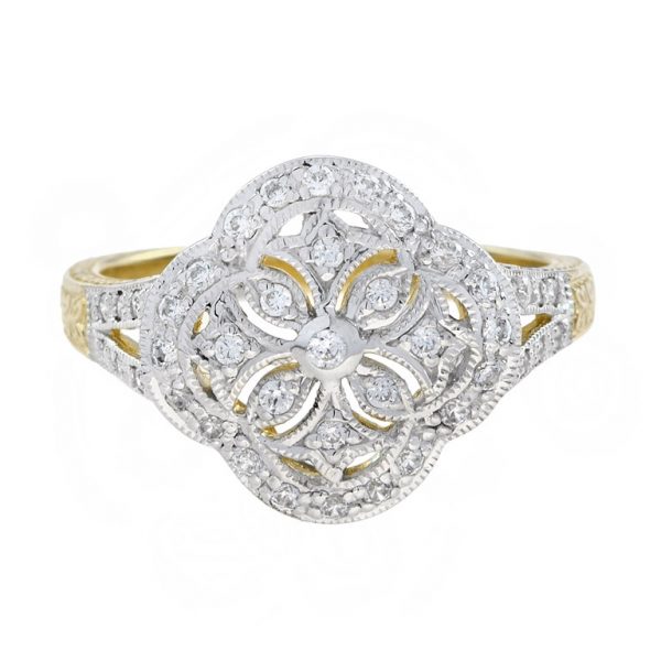 Edwardian Style Diamond Floral Cluster Ring in Two Tone Gold