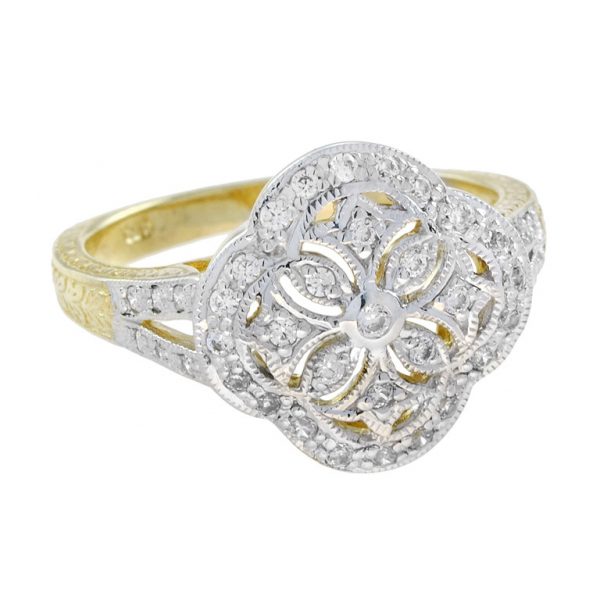 Edwardian Style Diamond Floral Cluster Ring in Two Tone Gold