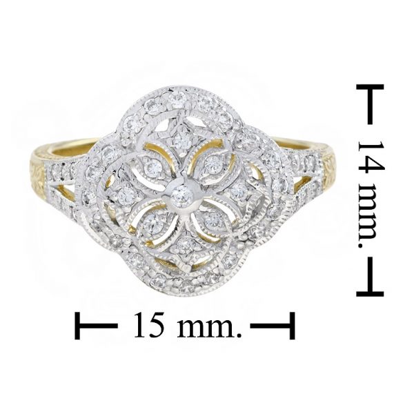 Edwardian Style Diamond Floral Cluster Ring in Two Tone Gold