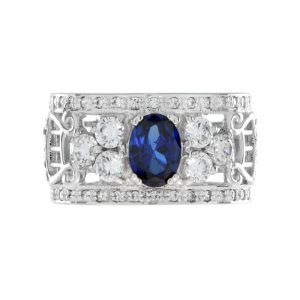 Oval Sapphire and Diamond Set Openwork 18ct White Gold Wide Band Ring