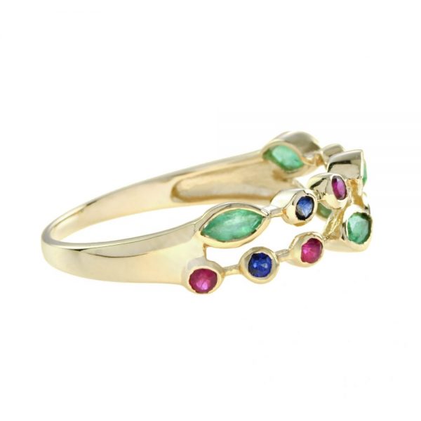 Double Row Marquise Emerald, Ruby and Sapphire Ring in 14ct Yellow Gold