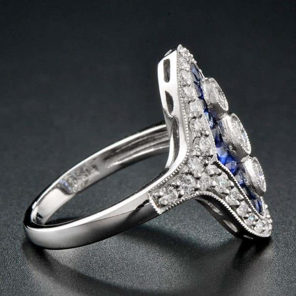 Art Deco Style Sapphire and Diamond Cocktail Dress Ring in Platinum