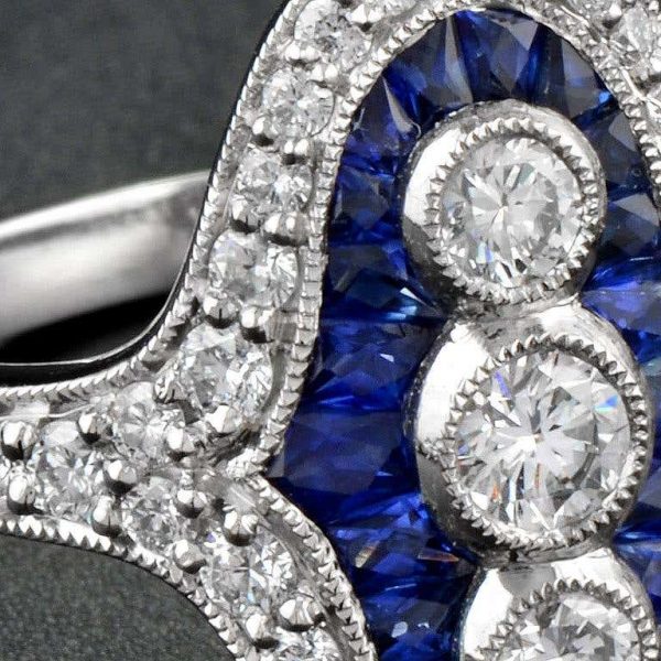 Art Deco Style Sapphire and Diamond Cocktail Dress Ring in Platinum