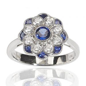 Sapphire and Diamond Flower Cluster Ring