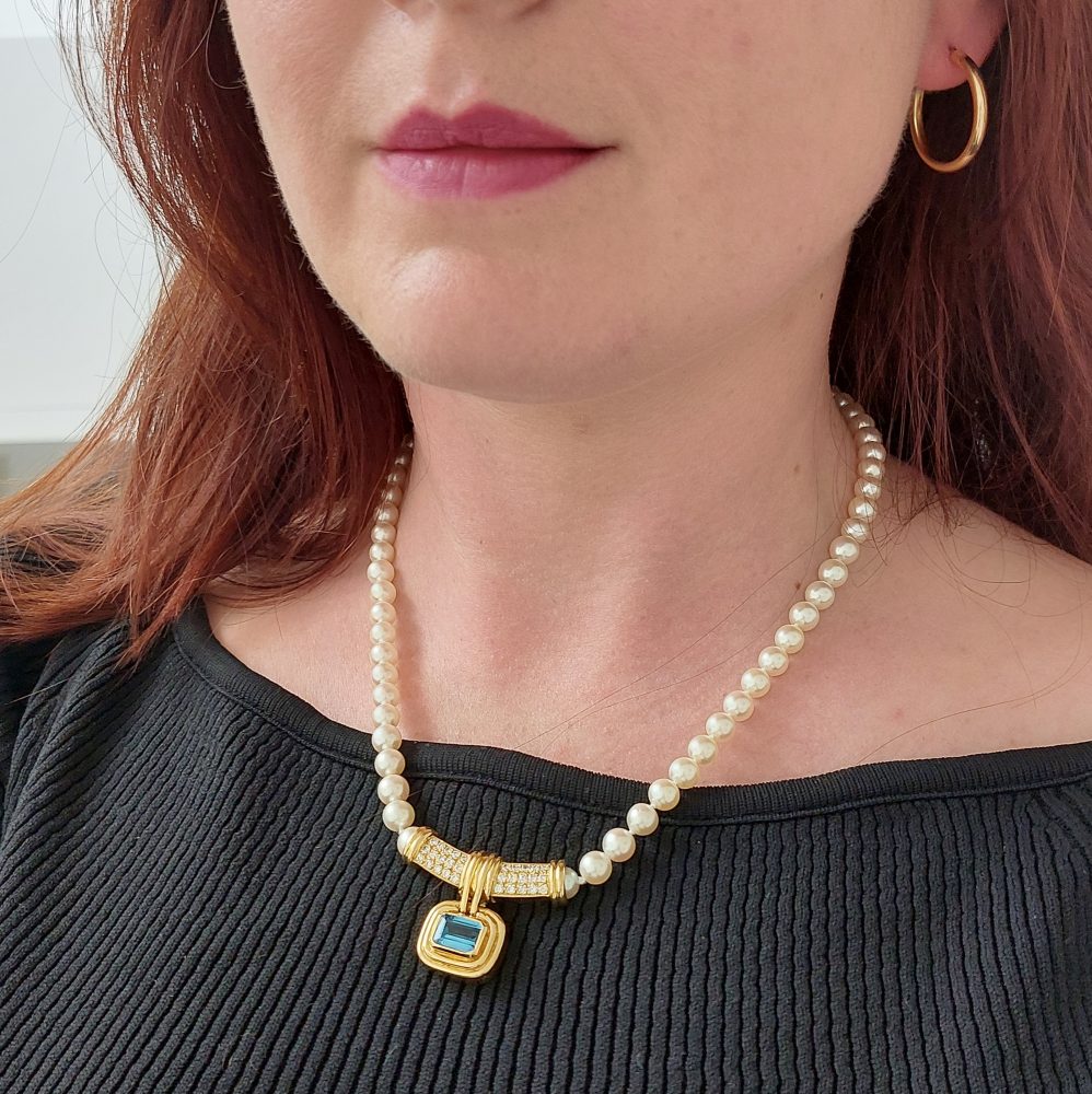 Vintage Aquamarine Diamond and Pearl Necklace