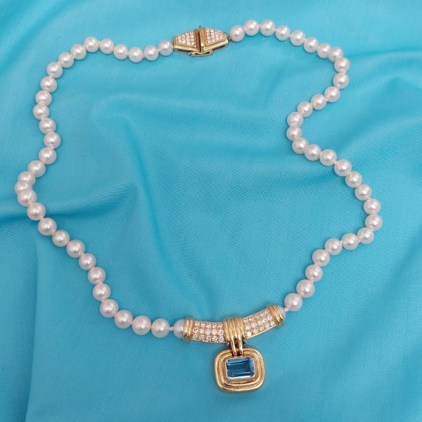Vintage Aquamarine Diamond and Pearl Necklace