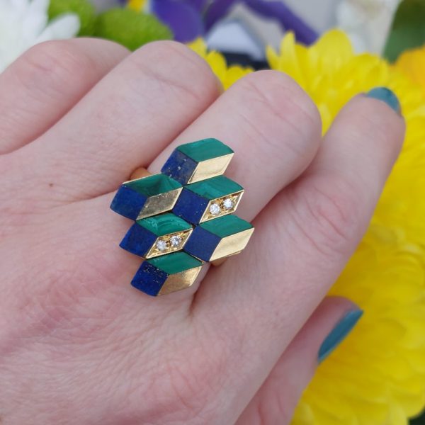 Vintage Geometric Lapis Malachite and Diamond Ring