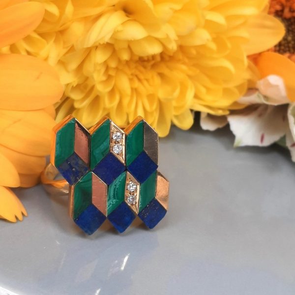 Vintage Geometric Lapis Malachite and Diamond Ring