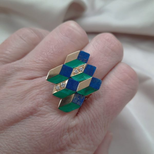 Vintage Geometric Lapis Malachite and Diamond Ring