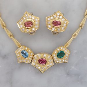 Vintage Multigem and Diamond Necklace and Earrings Suite