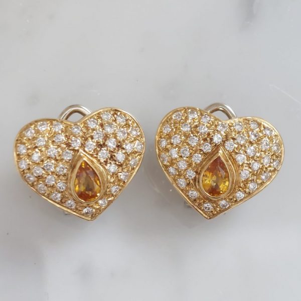 Vintage Yellow Sapphire and Diamond Heart Necklace and Earring Set