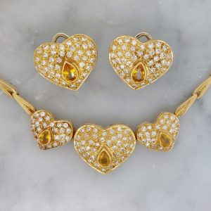 Vintage Yellow Sapphire and Diamond Heart Necklace and Earring Set