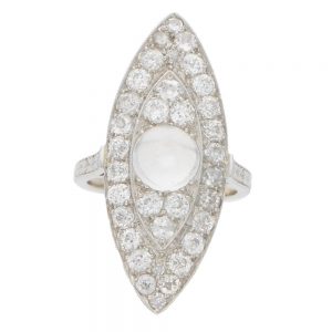 Antique Art Deco Marquise Shaped Diamond and Moonstone Cocktail Dress Ring in Platinum