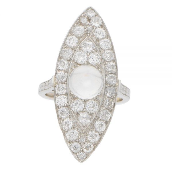 Antique Art Deco Marquise Shaped Diamond and Moonstone Cocktail Dress Ring in Platinum