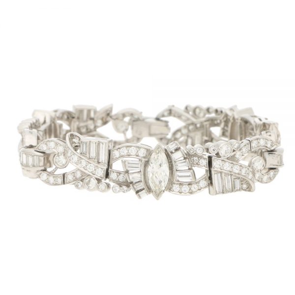 Art Deco Inspired Marquise Diamond Bracelet in White Gold