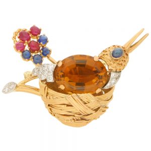 French 18ct Gold Nesting Bird Brooch with Citrine, Ruby, Sapphire and Diamond
