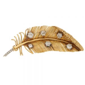 Vintage Diamond 18ct Gold Feather Brooch