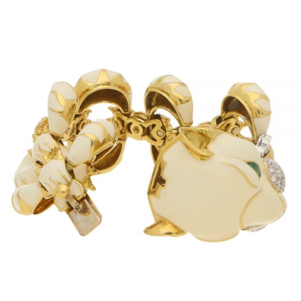 Italian Diamond and White Enamel Tiger Bracelet in Yellow Gold
