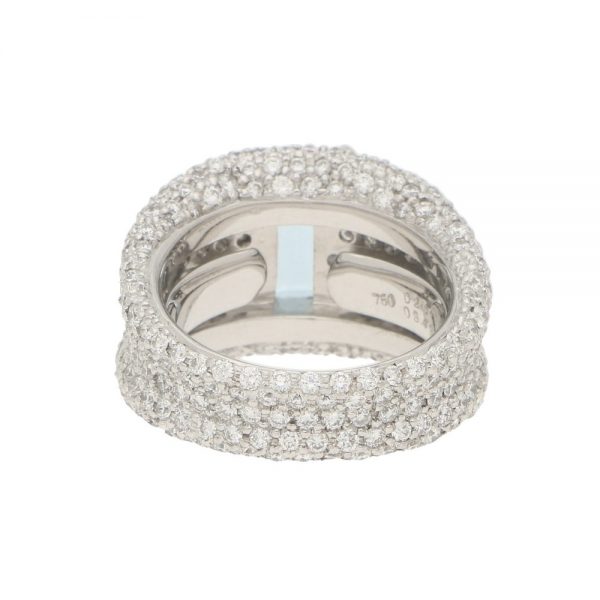 An incredibly sparkly 1.93ct emerald cut aquamarine and diamond bombe ring set in 18ct white gold.