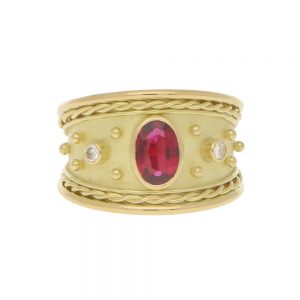 Etruscan Revival Ruby and Diamond 18ct Yellow Gold Dress Ring
