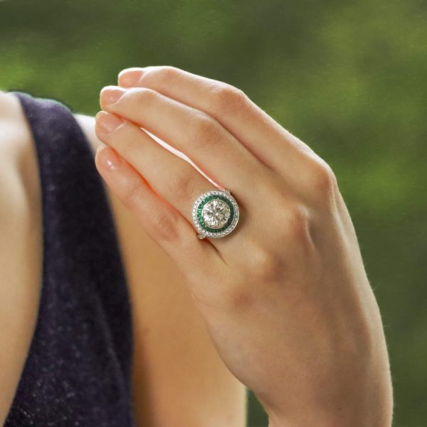 GIA Certified 3ct Diamond and Emerald Double Target Ring in Platinum