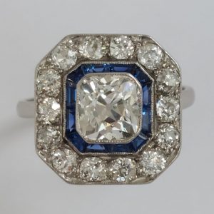 1.60ct Old Mine Cut Diamond and Sapphire Cluster Ring
