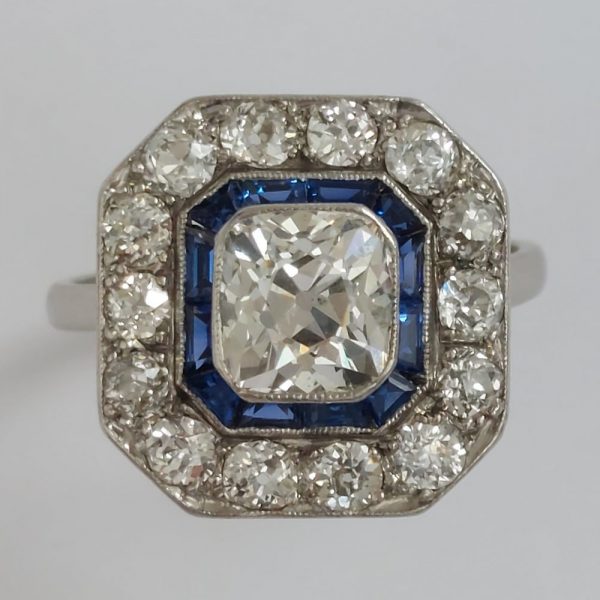 1.60ct Old Mine Cut Diamond and Sapphire Cluster Ring