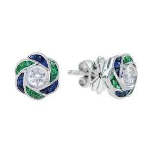 Diamond Emerald and Sapphire Floral Rose Cluster Stud Earrings