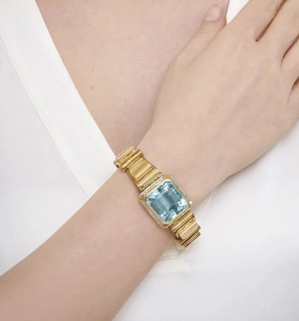 Vintage Retro 51ct Aquamarine Diamond and 18ct Gold Tank Bracelet