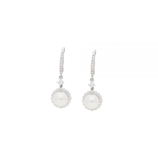 Pearl and Diamond Cluster Drop Earrings