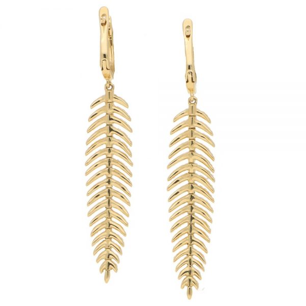 Articulated Feather Diamond Drop Earrings in Yellow Gold