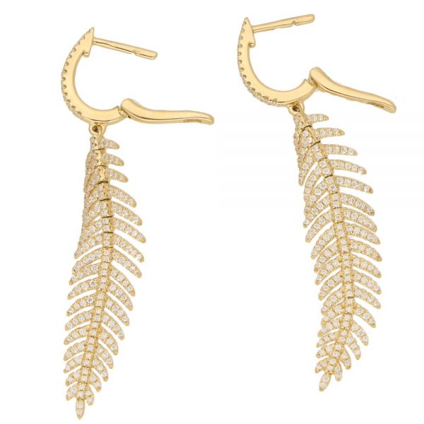 Articulated Feather Diamond Drop Earrings in Yellow Gold