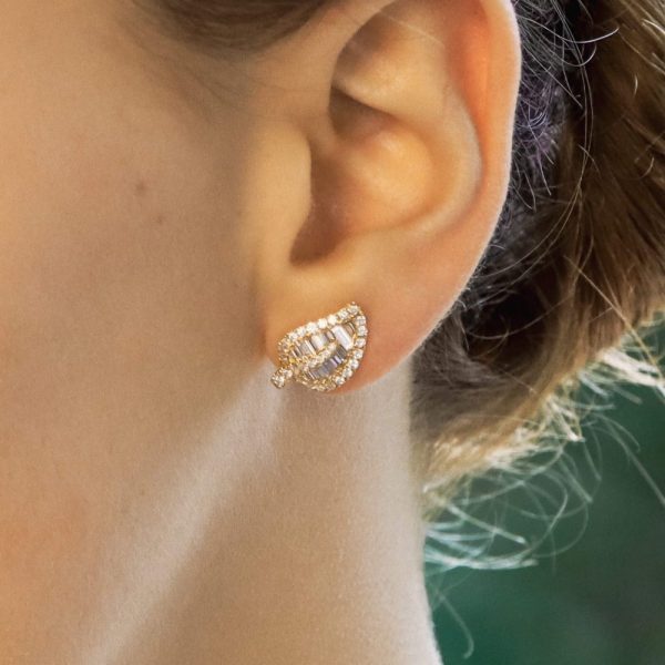 Brilliant and Baguette Diamond Leaf Stud Earrings