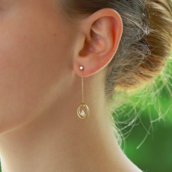 Pear Cut Diamond Drop Circle Earrings in Yellow Gold