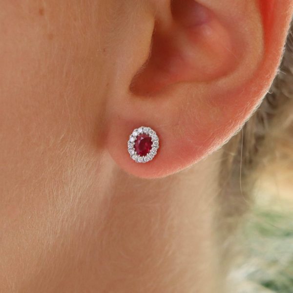 Ruby and Diamond Oval Cluster Stud Earrings