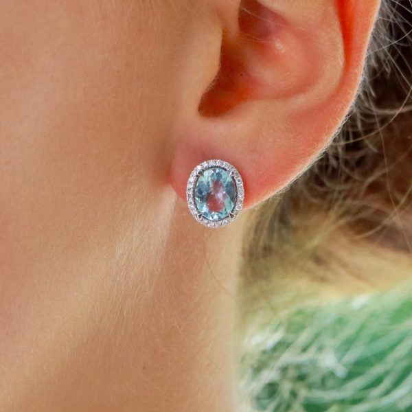 2.96ct Aquamarine and Diamond Oval Cluster Stud Earrings