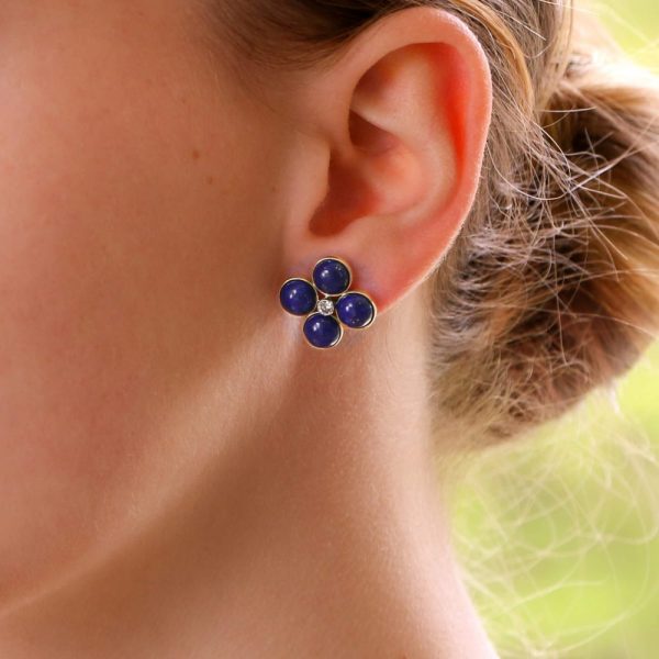 Lapis Lazuli and Diamond Clover Stud Earrings