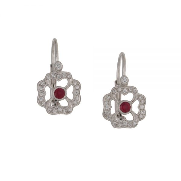 Ruby and Diamond Flower Cluster Drop Earrings