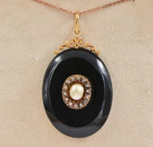 Antique Victorian Natural Pearl Diamond Black Onyx Locket Pendant